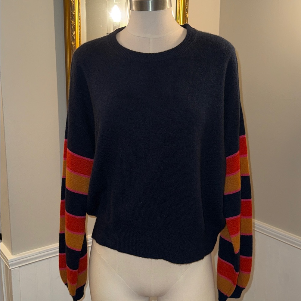 27 Miles navy 100% cashmere sweater with multicolored striped sleeves.  Large